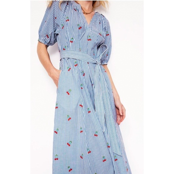 Boden Bria Embroidered Seersucker Cherry Embroidered Midi Dress V-Neck Pockets - Picture 4 of 11